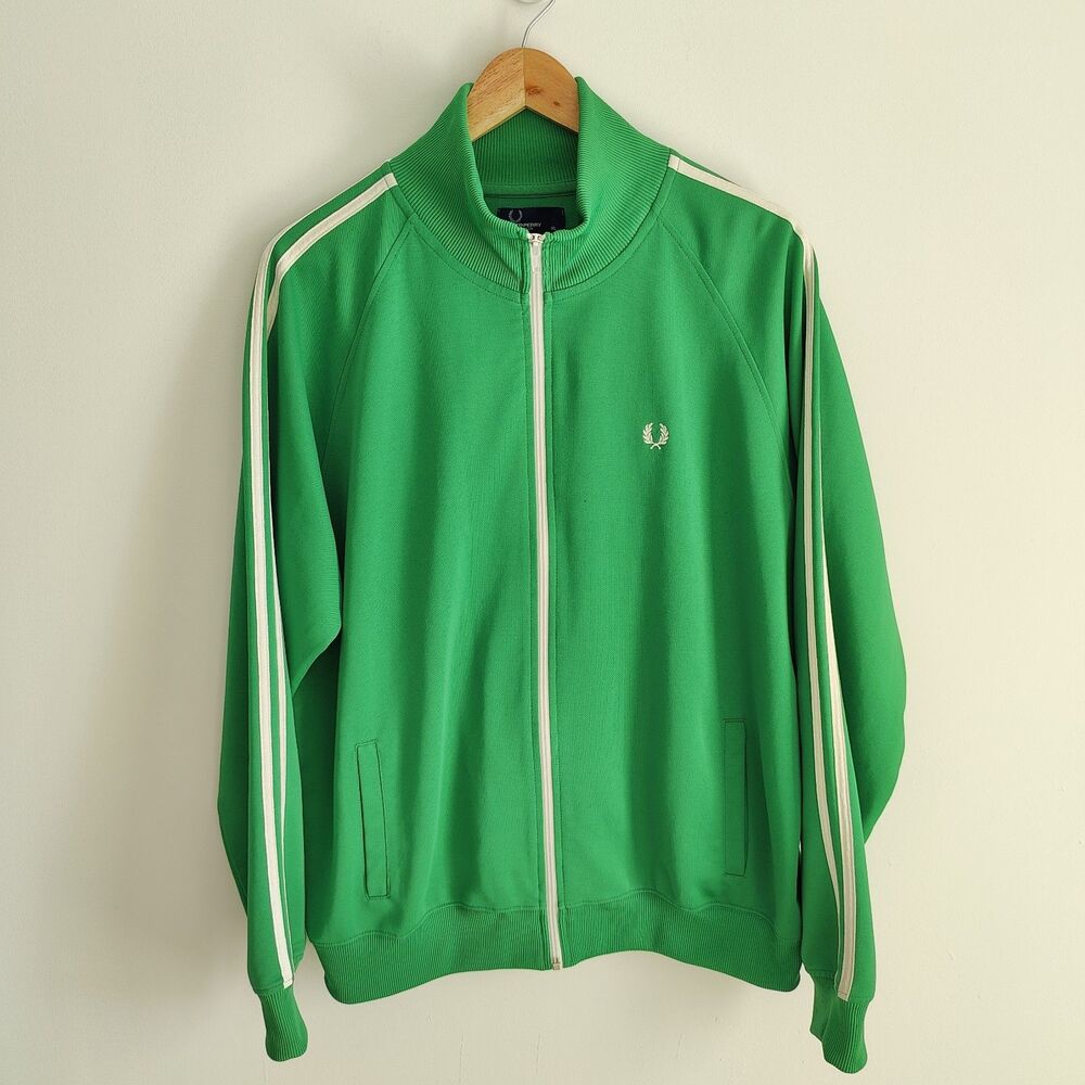 Fred Perry Taped Track Jacket Mens Size XL Track Top Green Full Zip Portugal